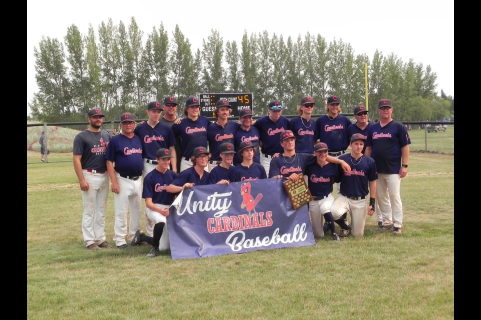 Unity U18 Cardinals won the Tier 1 AA provincial championship on home diamonds Aug. 15.        
