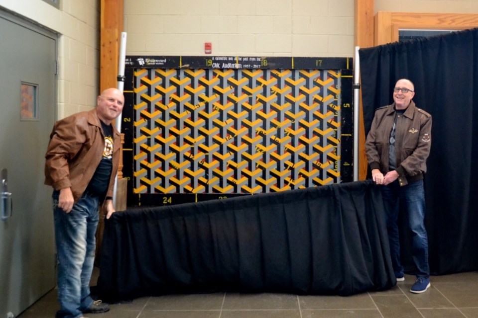 Artist Tim Dyck and Mayor Roy Ludwig unveiled a new art piece made out of boards from the old Estevan Civic Auditorium, demolished in 2018. 