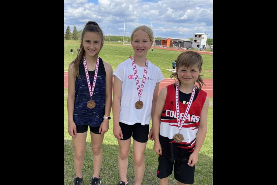 The Grade 4 relay team from Canora Junior Elementary School won an exciting bronze medal in the 4x100m relay at the Showcase Track and Field Meet in Yorkton on June 7. From left, were: Angel Sliva, Courtlyn Heshka and Karter Shukin. Heshka also captured medals in the 100 metres, long jump and shot put.