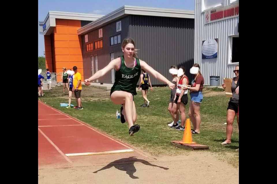 April Grychowski of Invermay School was completely focused as she won first place in the triple jump at pre-districts in Yorkton.
