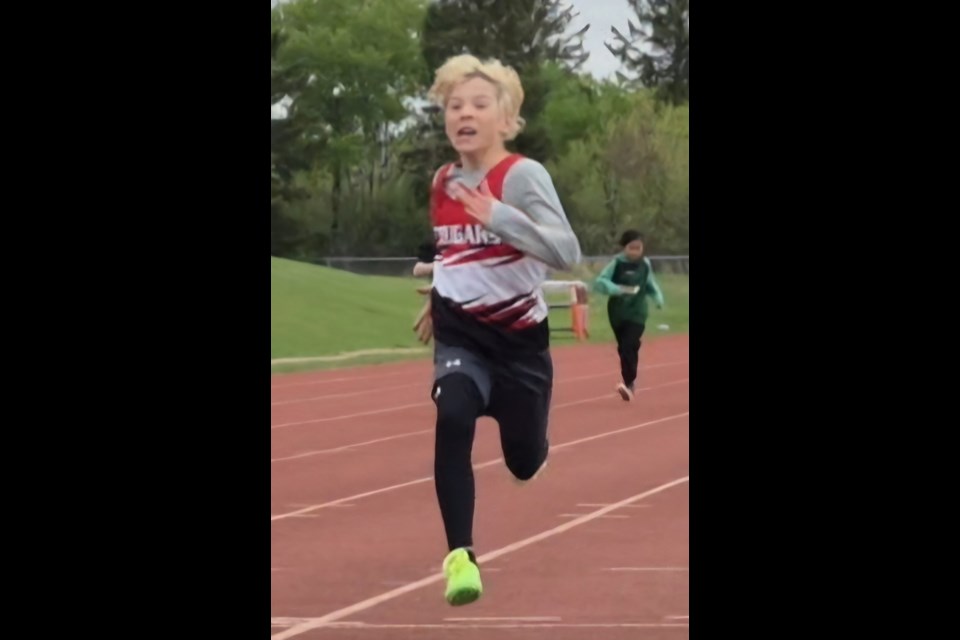At the Pre-District track-and-field meet on May 14, the 200m bantam boys race saw Drew Kitchen finish first.

