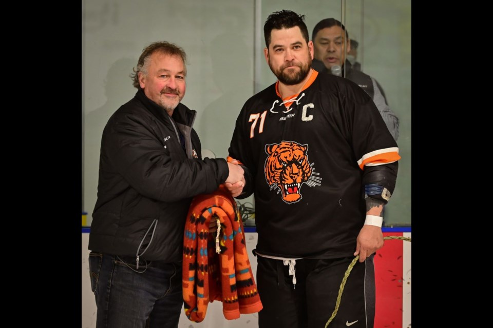 Kerrobert Tigers head coach and executive member, Brad Murphy, was one of the presentors at a special Feb. 12 ceremony honouring Tyson Wuttunee's retirement.
