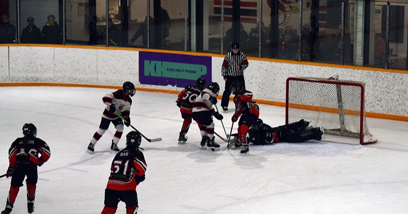The Cobras were sniffing for a rebound around the Kamsack net on this play, on their way to an 11-5 win over the Flyers in Game 2 of the D side final playoff series.