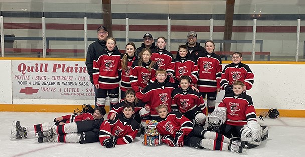 The U13 Canora Cobras travelled to Foam Lake for a hockey tournament over the Feb. 3-4 weekend. The Cobras came through the B side and won the final by a 12-4 score over the Regina Buffalos. Members of the winning team, from left, are: (back row) Bryan Heshka (coach), Courtlyn Heshka, Angel Sliva, Priah Wolkowski, Kurtis Shukin (coach), Chloe Doogan, Cameron Sznerch, Jeff Sznerch (coach), Kenzee Kopelchuk and Declan Unick; (kneeling) Karter Shukin, Caden Doogan, Wade Vangen and Mason Reine; and (laying on ice) Levi Coleman, Kasen Heshka and Ashton Strelioff. 