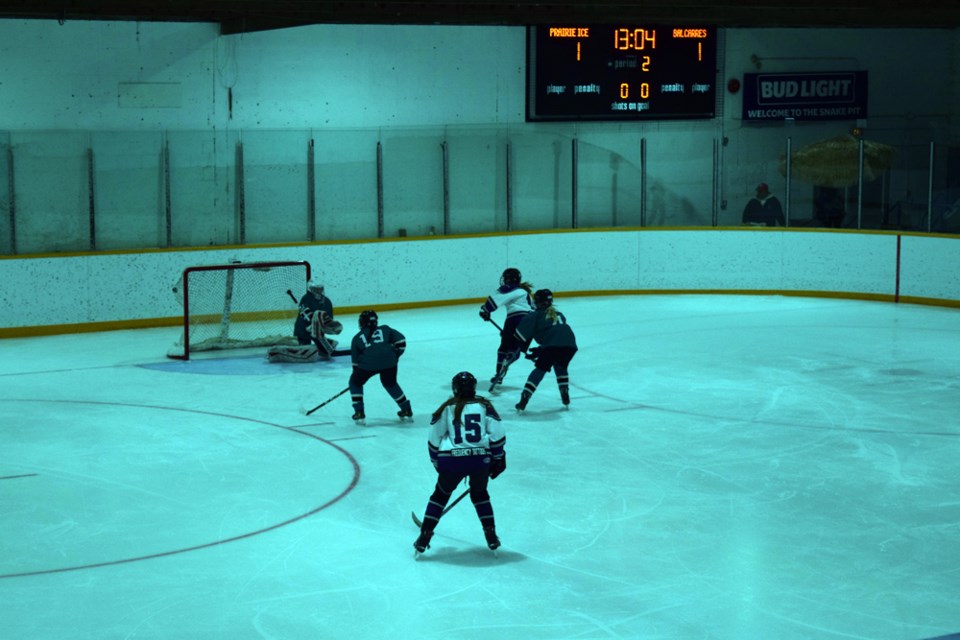 Harper Danchilla of Yorkton snuck in behind the Balcarres defence and picked the top corner for her second goal of the game, giving the U13 Parkland Prairie Ice (white jerseys) a 2-1 lead in the second period.at the Canora Civic Centre on March 20.
