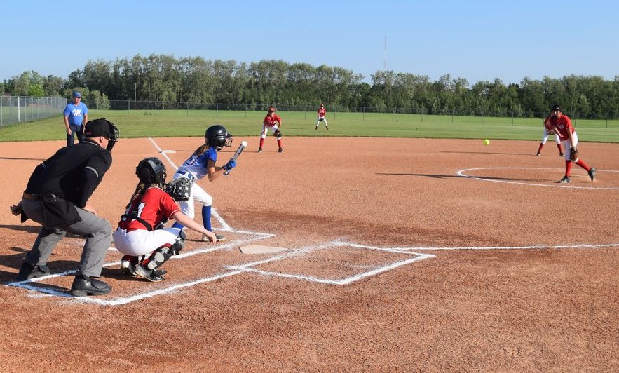 Pitcher Ariannah Friday and catcher Paisley Wolkowski of the U13 Canora Reds girls softball team worked together against the Melville hitters in Canora on June 30. Canora put up a spirited effort, but Melville earned the victory.