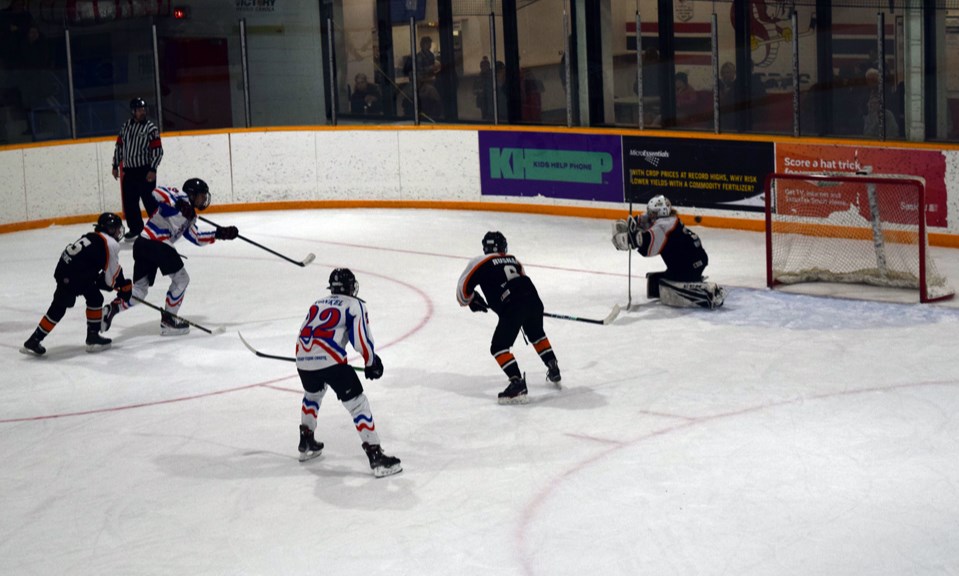 The Predators had a number of quality scoring chances against Yorkton, including this shot by Linden Roebuck of Buchanan from the left wing, with teammate Bracyn Konkel on the hunt for a possible rebound. 