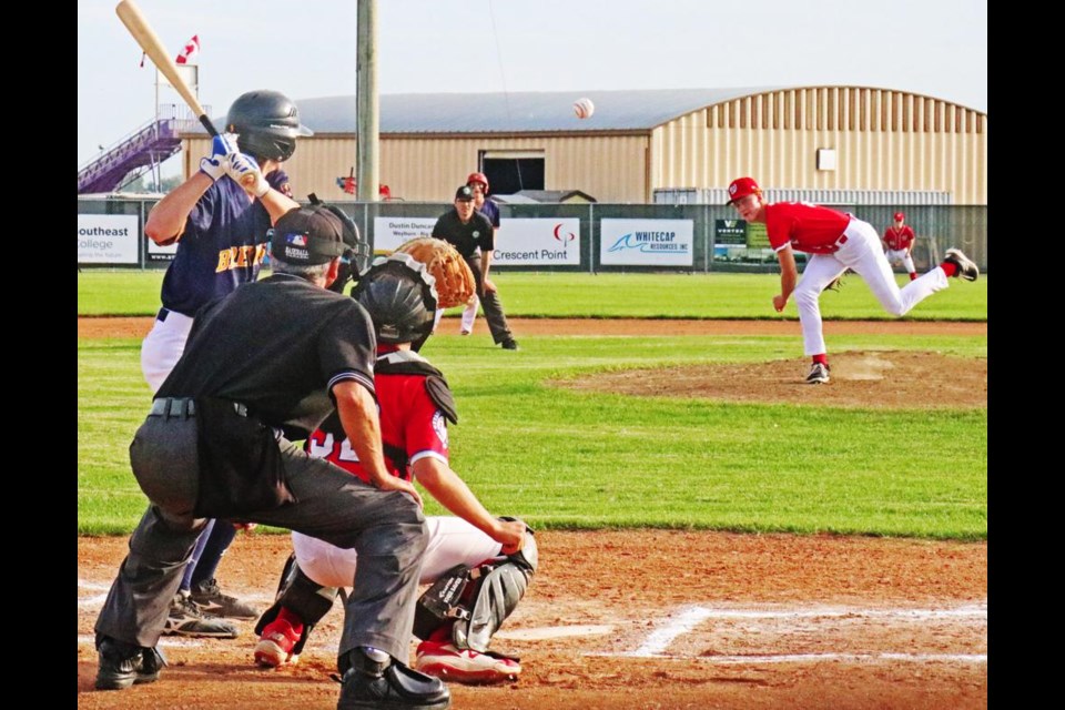 Weyburn pitcher Noah Kopec fired in a strike during the U18 Beavers game versus the Estevan Brewers on Wednesday night.