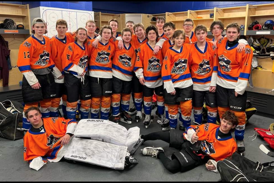 Assiniboia U18 Rebels are off to U18 provincial playoffs versus North Battleford after a successful win against Estevan. Game two will be in Assiniboia on March 19. In the back row, from left, are Van Sinclair, Ty Reid, Riley Borgerson, Charlie Kirby, Marshall Ruzicka, Grier Peterson, Keenan Elder, and Jaxin Karst. In the middle row, from left, are Kole Bourassa, Tyler Franks, Jax Eberle, Ryder Peterson Nathan Letnes, Keaton Hillmer, Aidyn Ermel, Lanston Gold, and Hunter Heagy. In the front row, from left, are Kohen Blake and Rowan Bauer.