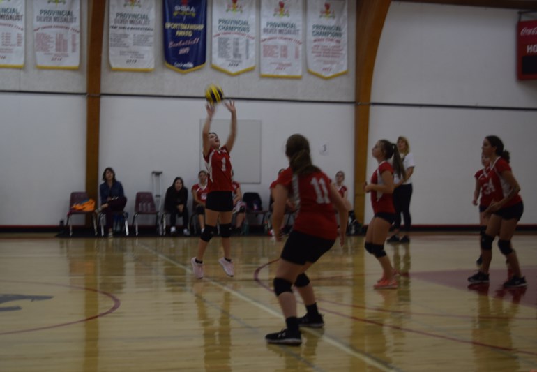 Executing a set to create a spike opportunity for a teammate was Silver Nordin of the CCS Cougars volleyball red team in a match against Norquay on Sept. 27.

