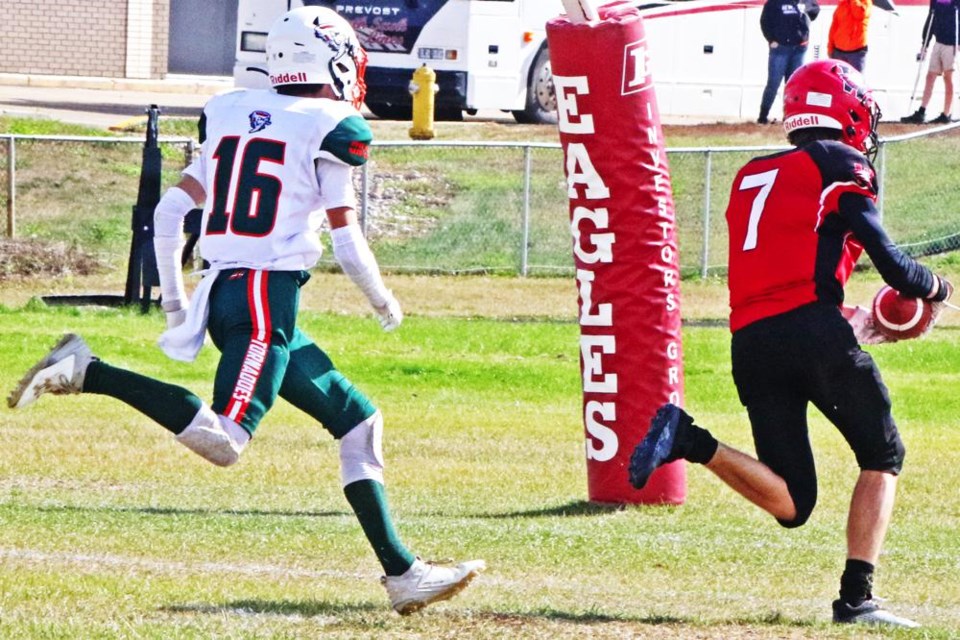 WCS Eagles player Nolan Uhren ran in for a 47-yard touchdown to make the score 28-0 in the first half against the Moose Jaw Tornadoes on Saturday at Darold Kot Field.