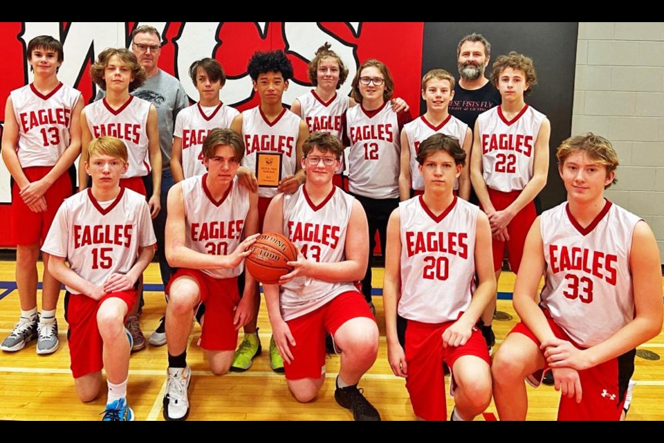 The Weyburn Comp Eagles junior boys basketball team won their home tournament on Saturday, after defeating Stoughton 65-37 on Friday, 49-24 over St. Michael on Saturday morning, and 42-35 over Foam Lake in the afternoon to clinch the championship. Coaches Darren Johnson and Tyson Balog are at the back, and the players are, in the back row from left, Patrick Johnson, Lucas Kaufmann, Tyce King, Mac Malana, Zack Balog, Cooper Knox, Cody Goski and Jeremy Hamel. In front are Jayden Drake, Wyatt Kot, Jacob Symes, Alex Kachan and Jacob Gill.