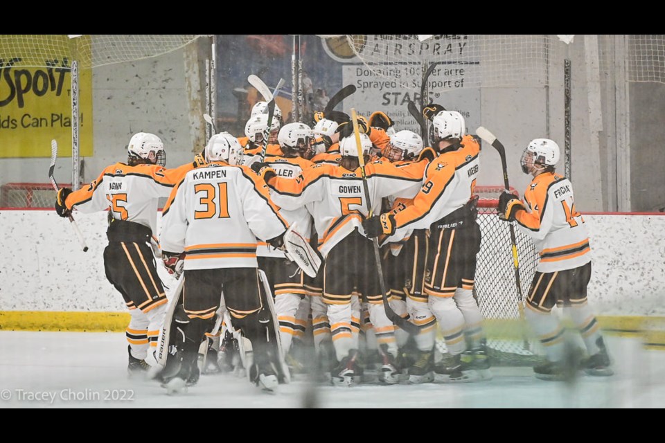 Celebration erupts after the U18AA West Central Wheat Kings win another game in their quest for the  SAAHL championship. (Photographer Tracey Cholin)