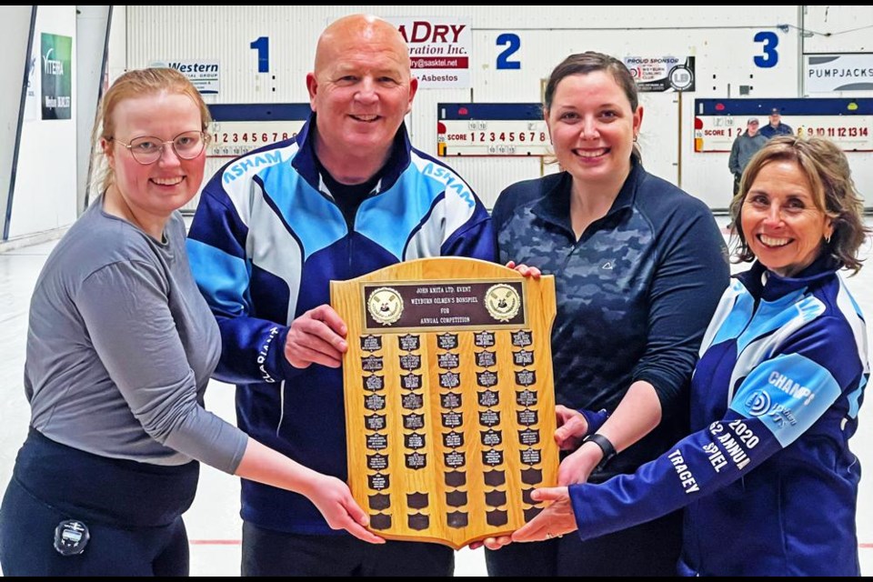 The winners of the John Kmita Ltd. A Event of the Weyburn Oilmen’s Bonspiel was the DK Energy team. From left, they are Jenae Nixon, Darren Woodard, Shelby Sidloski and Danette Tracey. Each team receives sponsor jackets as well as their names on the trophies.