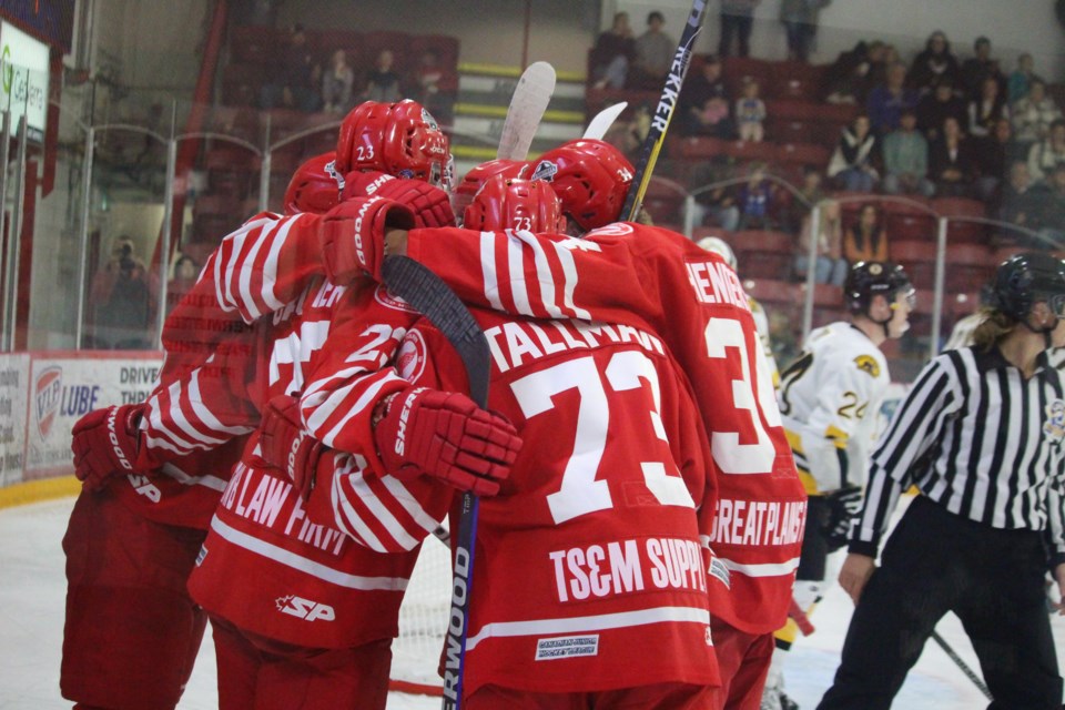The Red Wings celebrate their second goal of the night.