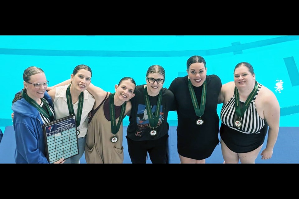 Masters Free Team Provincial Champions; from left Julie Norman, Rachel Nussbaumer-Umana, Sam Woodrich-Sramek, Katie Thiessen, Abby Chegwin, Jana Manovich.
