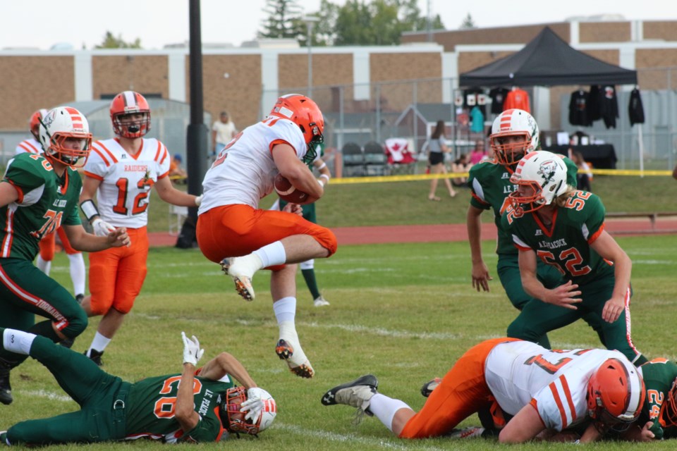 Several high school and minor football teams competed at Kinsmen Century Field over the weekend.  Pictured here, the Senior Raider Gridders in their match against the Moose Jaw Peacock.