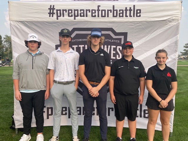 UCHSgolf team competed in BattleWest Districts on Sept. 15.  in the photo are Caden MacDonald, Nash Sperle, Ethan Stifter, Kendall Krpan and  Danielle Bowker.  Missing is Jade Bast.