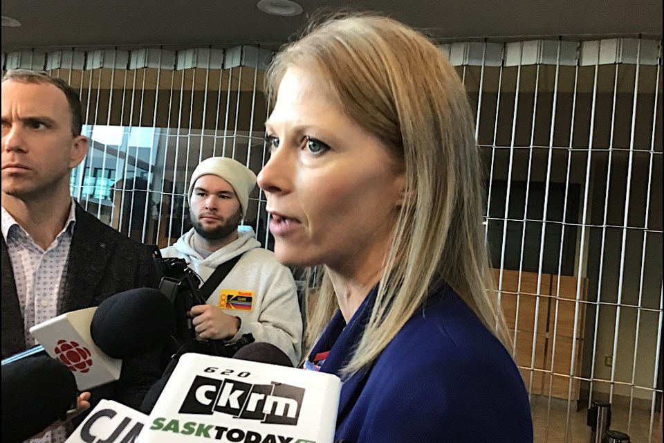 Jennifer Johnson, Deputy City Manager for Service Regina and Tourism, speaks to reporters at a recent announcement of United flights from Regina to Denver.