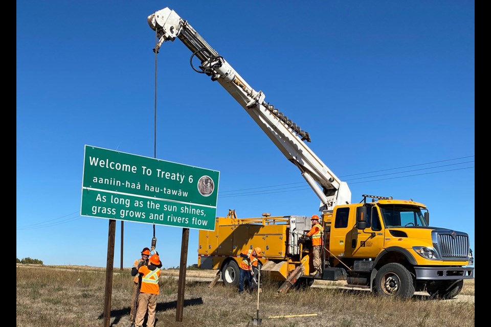 Signs marking the boundaries of Treaty 4 and Treaty 6 were installed following a ceremony Monday near Highway 11.