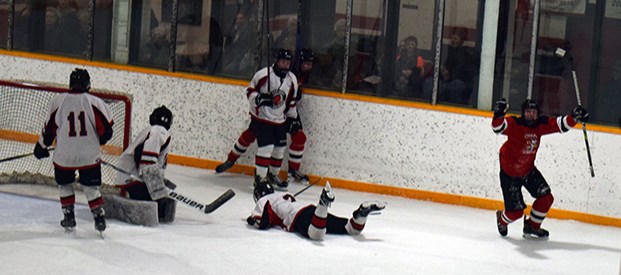 Porter Wolkowski of Canora celebrated after scoring his third goal of the game in the series-clinching win for the Cobras over Carnduff in Canora on Feb. 17. 