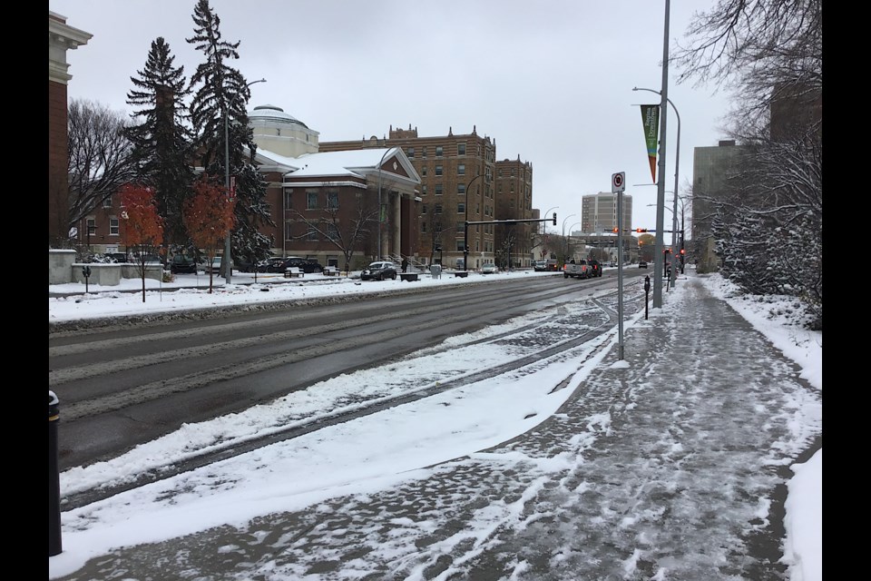 The scene in Regina Tuesday following the first snow of the season.