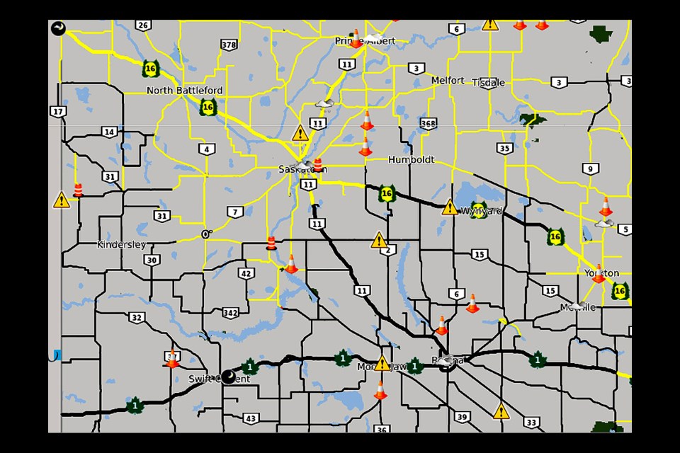 Snow and rain continues to make highways in some areas of Saskatchewan wet and freezing Monday.