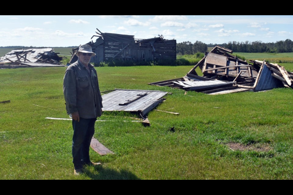 A farmyard once occupied by Kerry Horkoff’s grandparents, and included a building constructed by Doukhobor settlers 100 years ago, as well as a few bins and an unused barn, were damaged by a Aug. 13 storm.