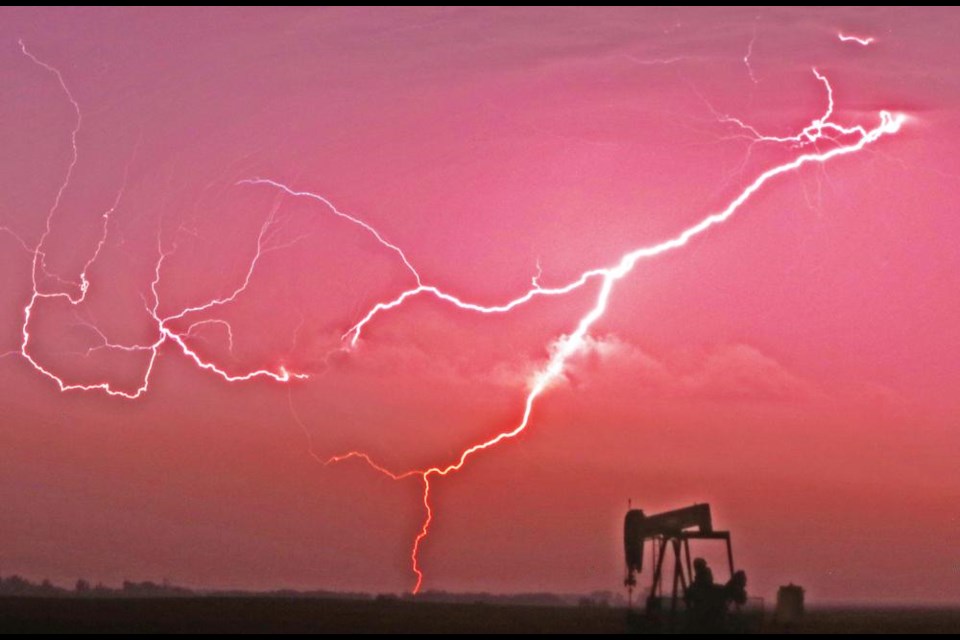 This lightning bolt could be seen above a pumpjack south of Weyburn on Wednesday evening.
