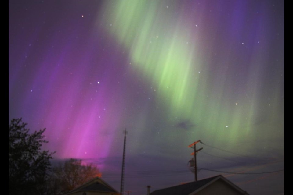 The green lights rippled along with the purple ones, in this view of the Northern Lights on Friday night, as seen at Golden Prairie, north of Maple Creek.