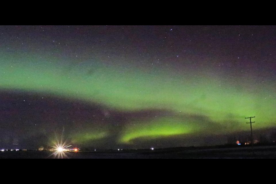 The northern skies were brightly lit up on Wednesday night with the Aurora Borealis, seen here from a rural area north of Weyburn.