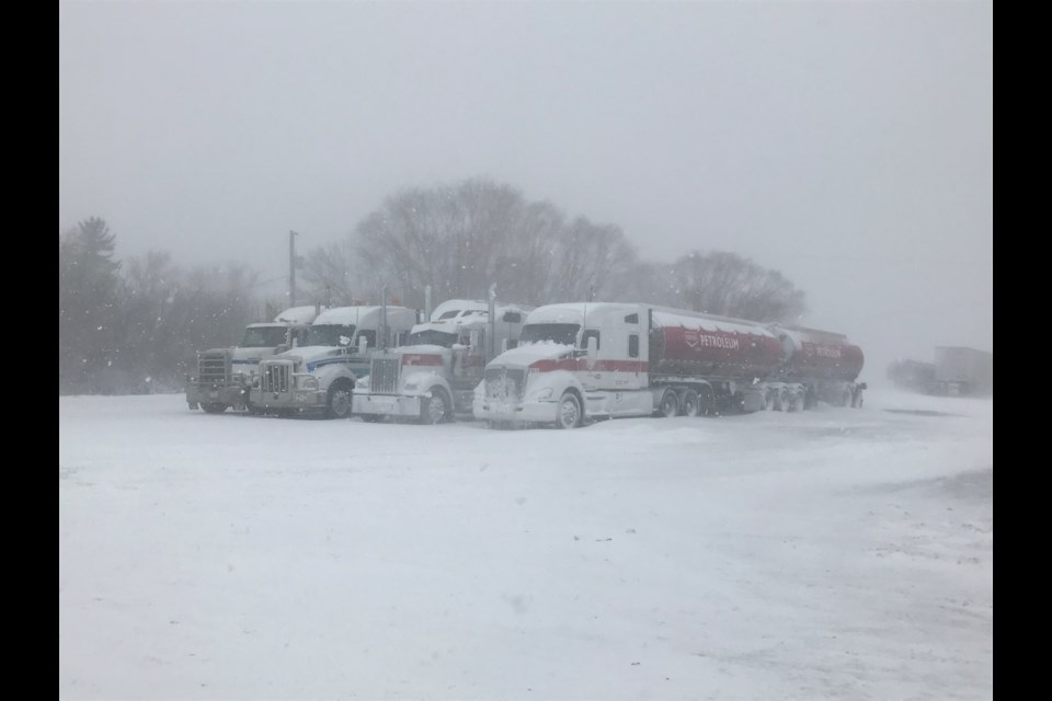 While only brief blizzard conditions have been part of our winter, this photo shows a 2021 storm system that resulted in semis having an extended layover in Unity.