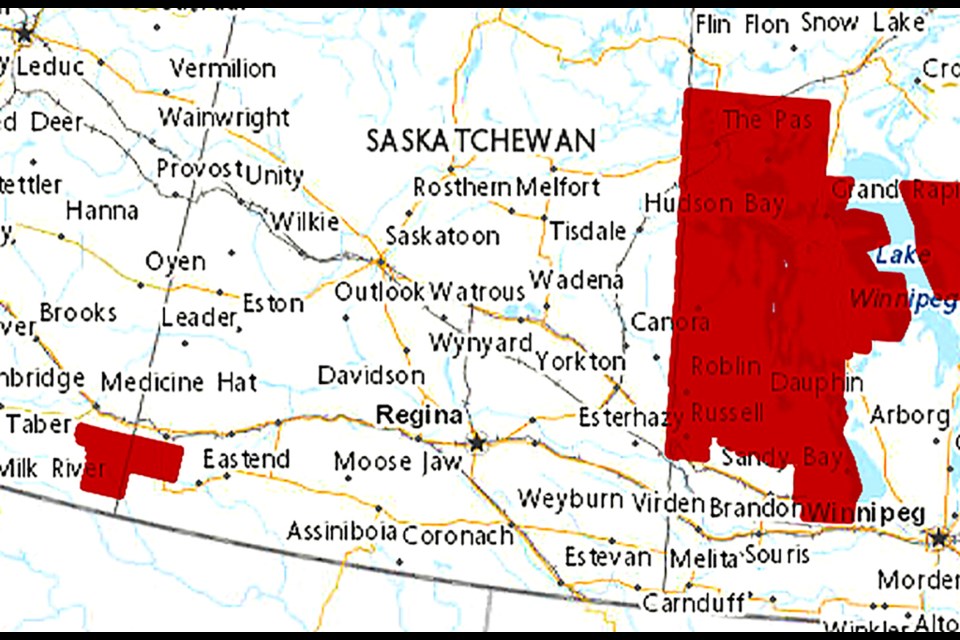 Maple Creek was the only area left with a warning at 3: 30 p.m. Thursday.