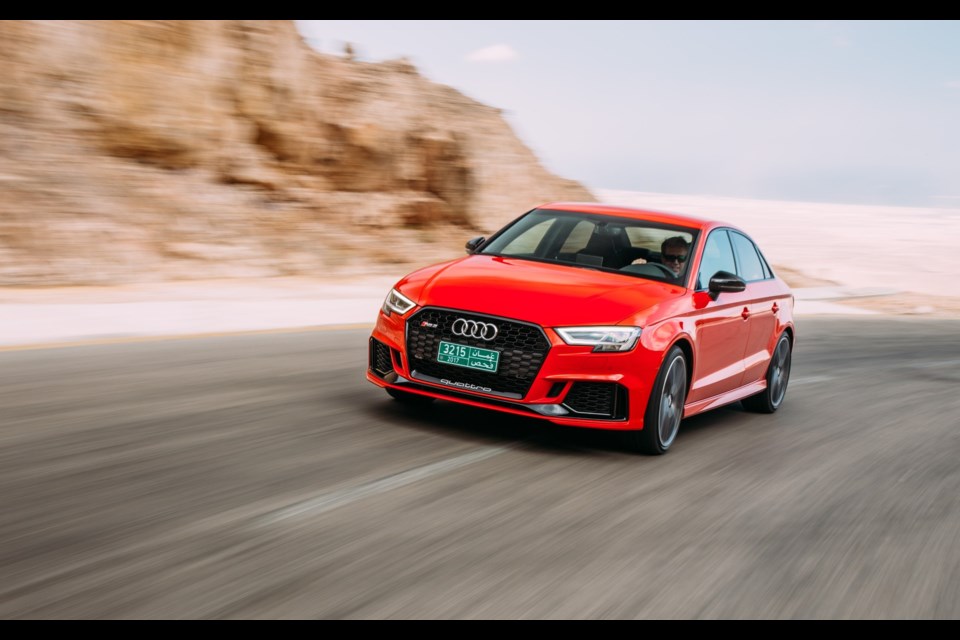 Gabriel Gélinas at the wheel of the 2018 Audi RS3 in the Dhofar mountains near Salalah in Oman. Credit Tobias Sagmeister