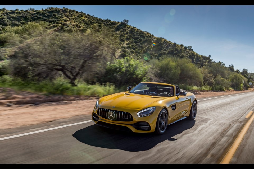 2018 Mercedes-AMG GT C Roadster - 550 horsepower and 502 pound-feet of torque from the twin-turbo, 4.0-litre V8. Credit Mercedes-AMG