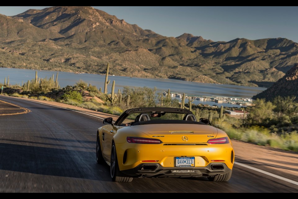 2018 Mercedes-AMG GT C Roadster - Power routed to the rear wheels through a seven-speed, dual-clutch gearbox. Credit Mercedes-AMG