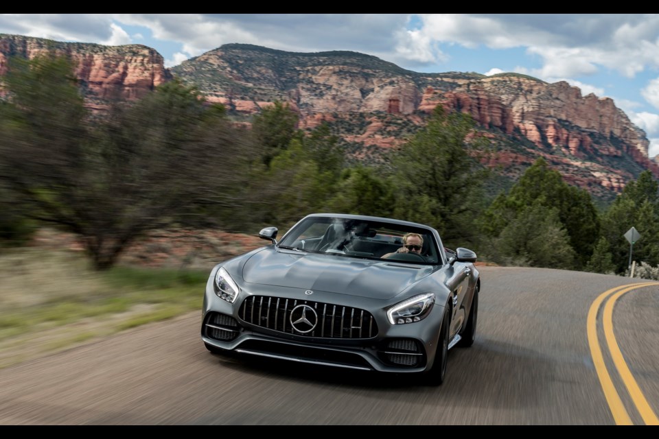 Gabriel Gélinas at the wheel of the 2018 Mercedes-AMG GT C Roadster near Sedona, Arizona. Credit Daniel Maurer
