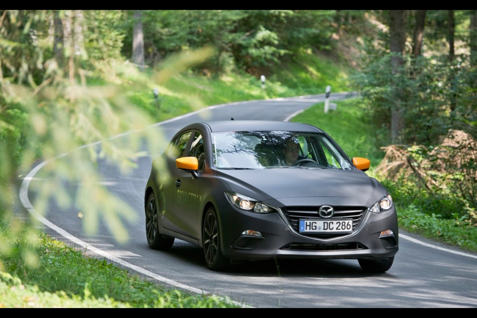 The Mazda3 Sport prototype equipped with the SKYACTIV-X engine. These prototypes are built on a new platform that will serve as a base for the next-generation Mazda3. Credit Mazda