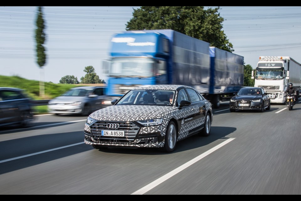 Audi A8 2019 avec Traffic Jam Pilot - La nouvelle A8 est la première voiture de série qui est capable d'une conduite autonome de niveau 3. Credit Audi AG