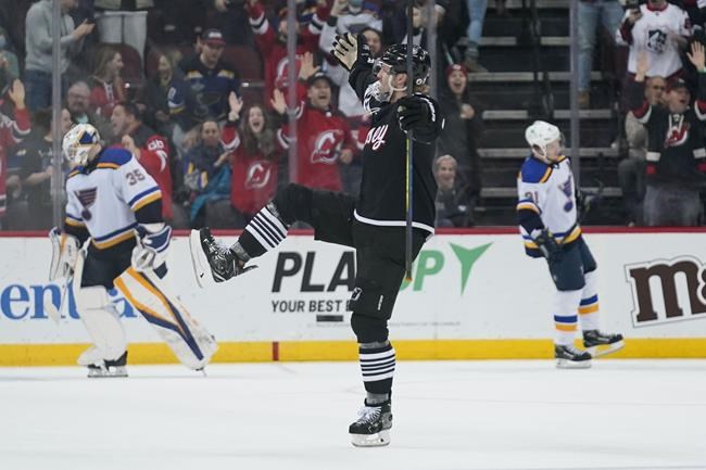 New Jersey Devils' Pavel Zacha during the third period of an NHL hockey  game against the Detroit Red Wings in Newark, N.J., Friday, April 29, 2022.  The Red Wings defeated the Devils