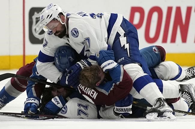 Tampa Bay Lightning defenseman Victor Hedman takes a break during an NHL  hockey practice before Game 1 of the Stanley Cup Finals against the  Colorado Avalanche, Tuesday, June 14, 2022, in Denver. (