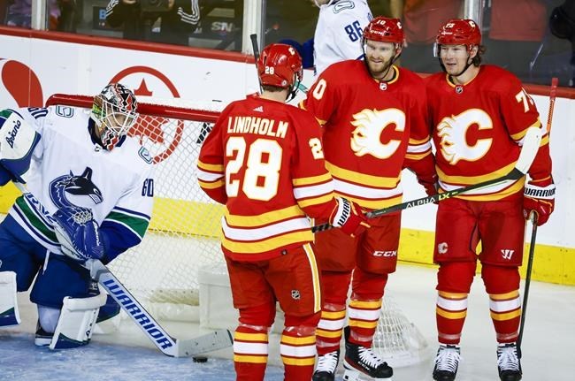 Elias Lindholm and Daniel Vladar of the Calgary Flames celebrates