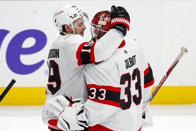 Ottawa Senators' Brady Tkachuk (7) and Claude Giroux (28) celebrate Giroux's  goal against the Winnipeg Jets during the first period of an NHL hockey  preseason game Thursday, Oct. 5, 2023, in Winnipeg