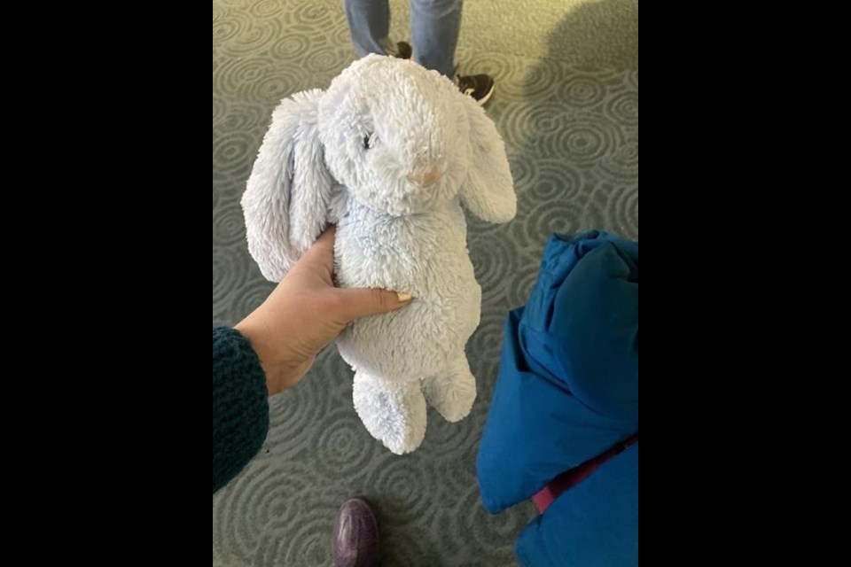 A stuffed rabbit named Bunbun is seen at the Vancouver International Airport in Richmond, B.C., in a Dec. 20, 2022, handout photo. The rabbit is on its way to its family in Edmonton where they are visiting for the holidays. THE CANADIAN PRESS/HO-Celia Taylor, *MANDATORY CREDIT*