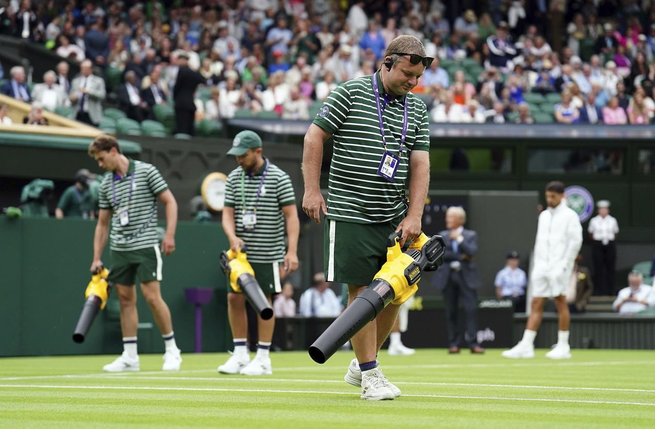 Novak Djokovic uses his towel at Wimbledon to help dry the Centre Court grass after a rain delay