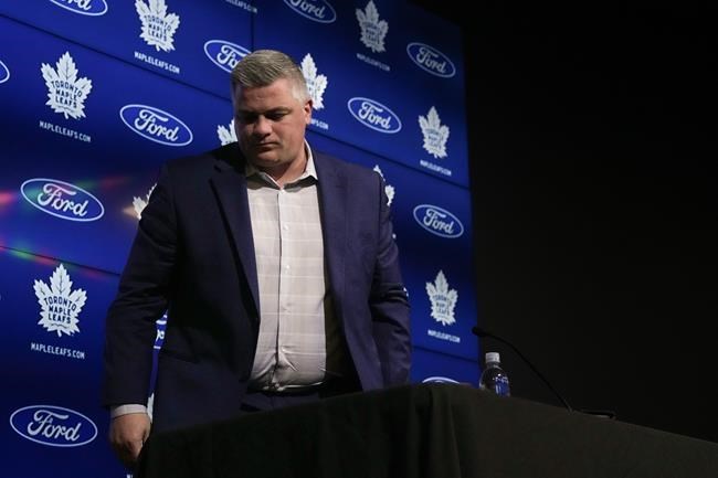 Toronto Maple Leafs head coach Sheldon Keefe leaves after speaking to the media in Toronto on Monday May 6, 2024, after his team's season ending loss to Boston Bruins in the first round of the NHL Stanley Cup playoffs. The Maple Leafs have fired Keefe.THE CANADIAN PRESS/Chris Young