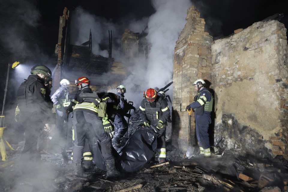Officials say a Russian strike in central Ukraine kills 14 people and injures 50