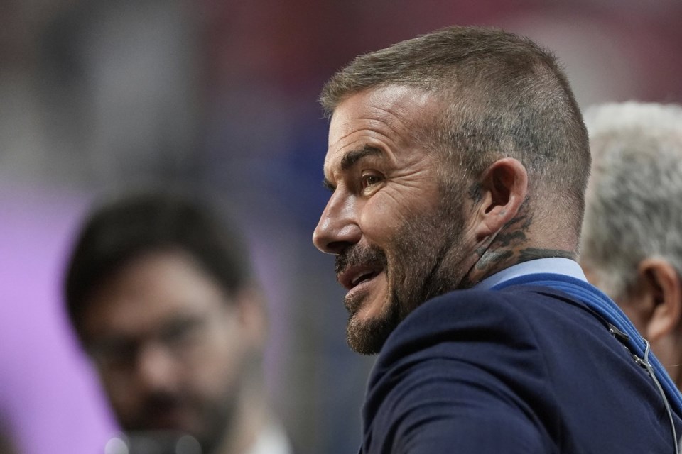 Inter Miami co-owner David Beckham prepares for an interview ahead of the Club World Cup round of 16 soccer match between PSG and Inter Miami in Atlanta, Sunday, June 29, 2025. (AP Photo/Mike Stewart)