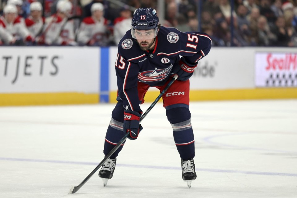 FILE - Columbus Blue Jackets defenseman Dante Fabbro waits on the puck drop against the Montreal Canadiens during an NHL hockey game in Columbus, Ohio, Dec. 23, 2024. (AP Photo/Paul Vernon, file)