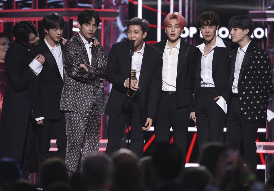 FILE - Korean pop band BTS accepts the award for top duo group at the Billboard Music Awards on May 1, 2019, in Las Vegas. (Photo by Chris Pizzello/Invision/AP, File)